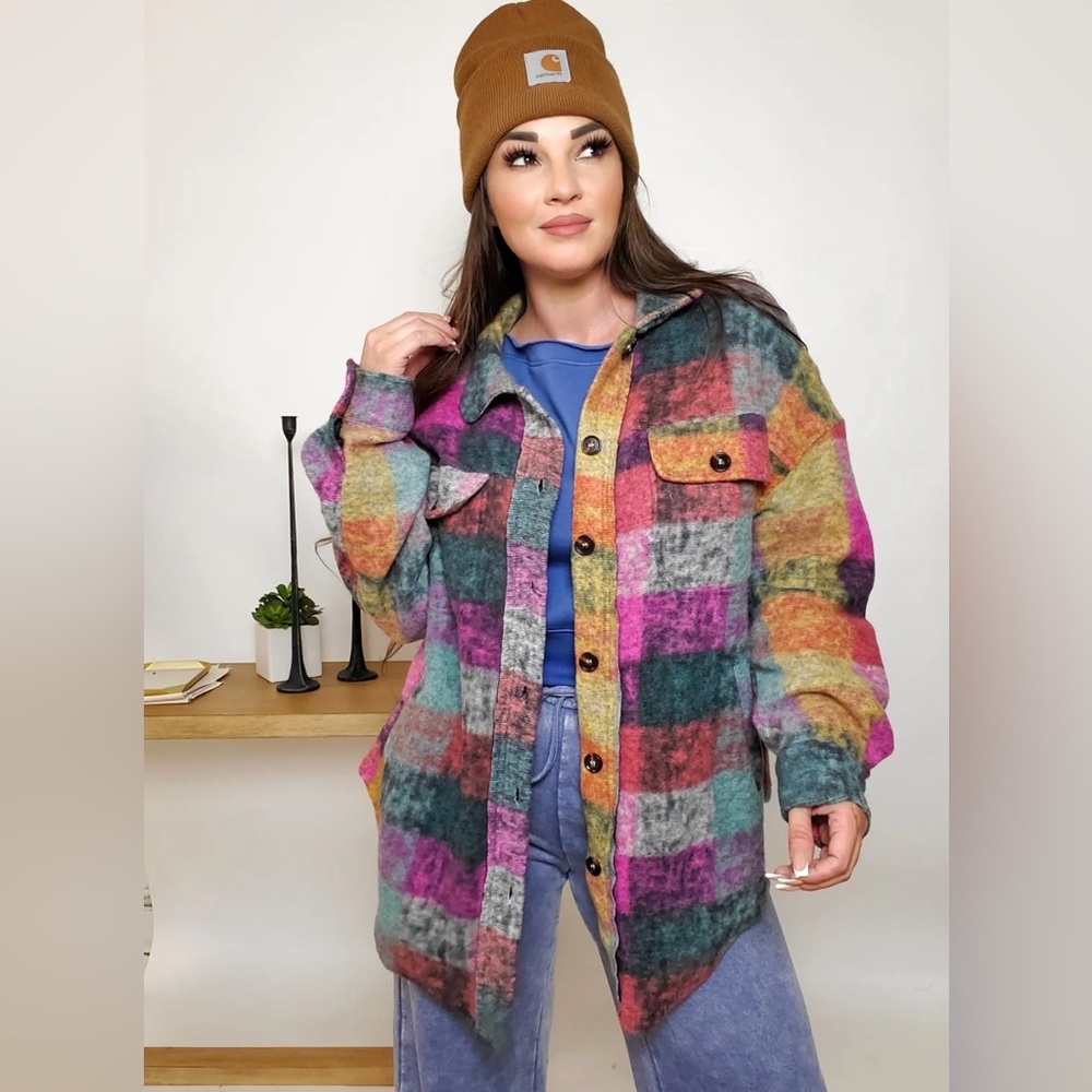 **Nwt** Bibi Oversized Button-Up Multi-Color Plai… - image 1